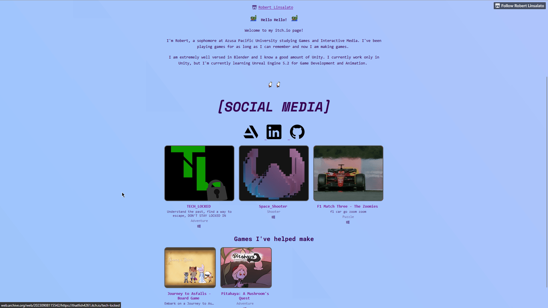 Screenshot of the first iteration of my itch.io portfolio page