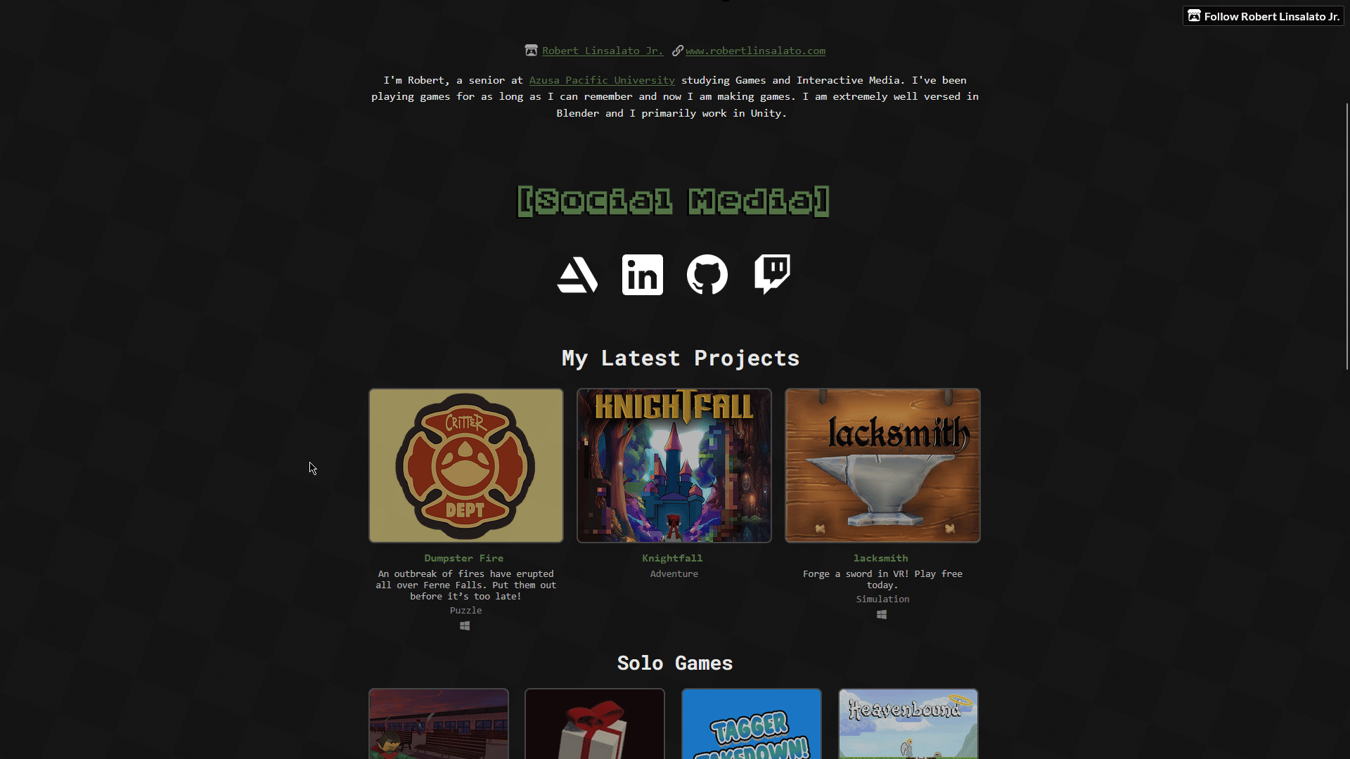 Screenshot of the first iteration of my itch.io portfolio page