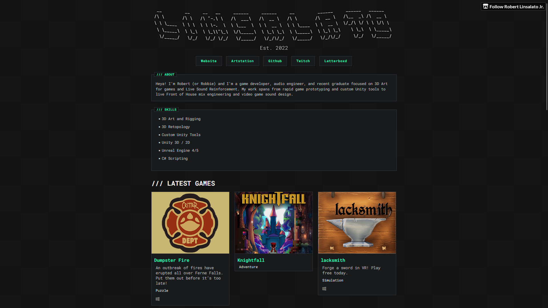 Screenshot of the first iteration of my itch.io portfolio page