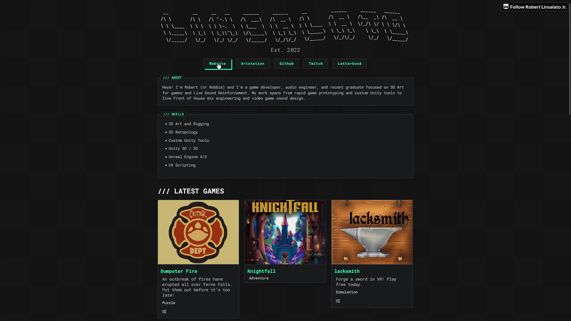 Screenshot of the first iteration of my itch.io portfolio page