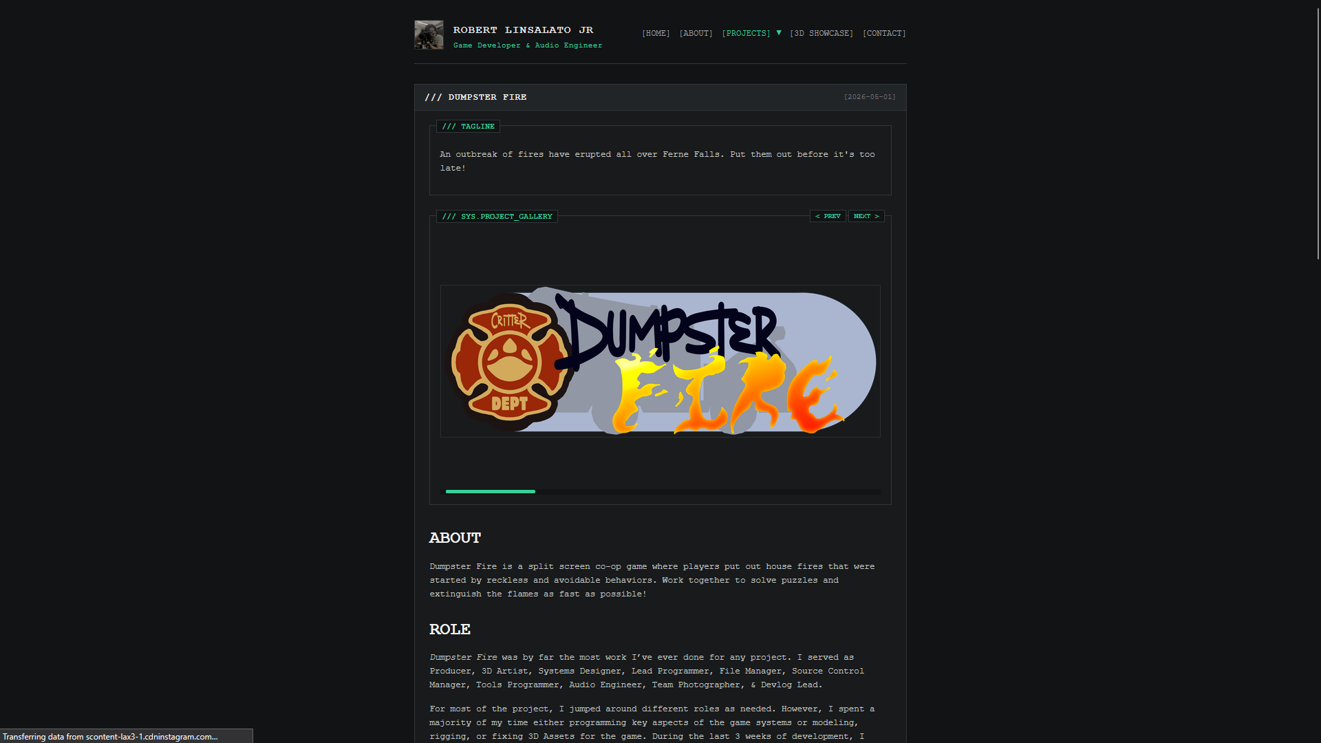 Dumpster Fire project page on the new website